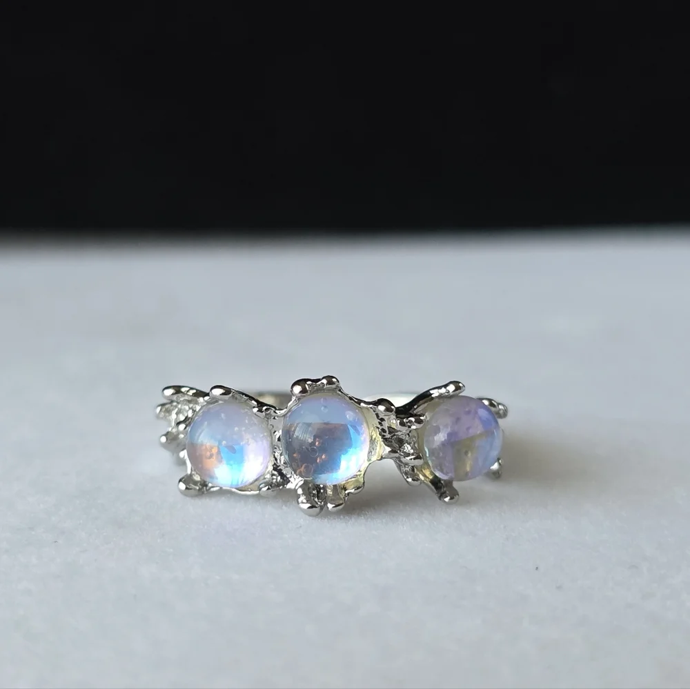 Triple Opalite Orb Moonlight Celestial Open Back Ring Faux Moonstone Opal Size 5